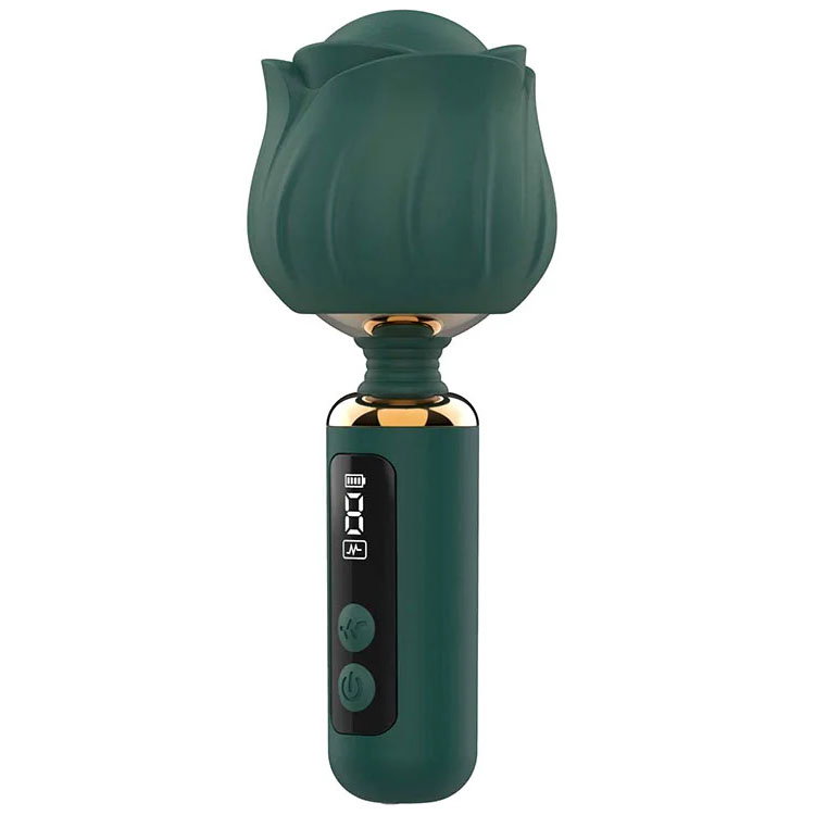 Adam & Eve Royal Rose Mini Wand vibrator in green with flower-shaped head and digital display